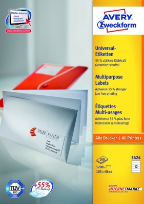 Avery Zweckform 3424 Universal-Etiketten, 105 x 48 mm, Geeignet für Deutsche Post INTERNETMARKE, 100 Blatt/1.200 Etiketten, weiß
