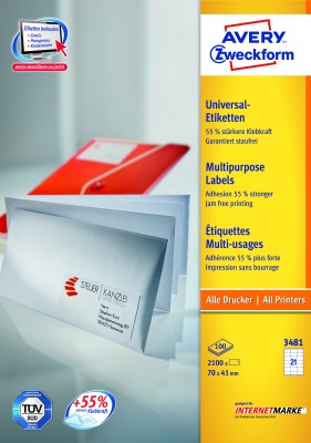 Avery Zweckform 3481 Universal-Etiketten, 70 x 41 mm, Geeignet für Deutsche Post INTERNETMARKE, 100 Blatt/2.100 Etiketten, weiß