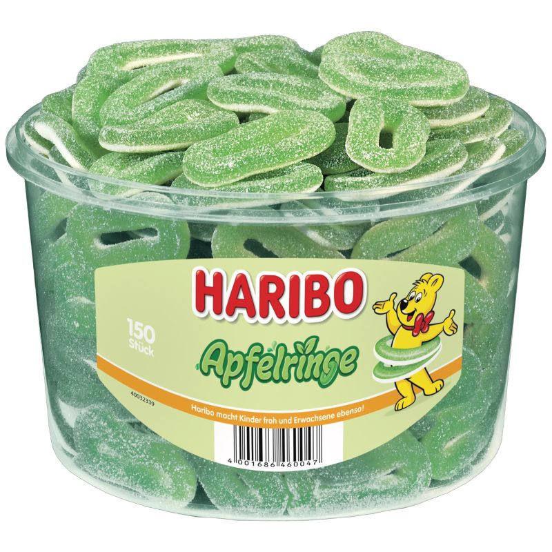 Haribo Saure Apfelringe Dose 150 Stück Saure Fruchtgummi Apfelringe im Vorratsbehälter.