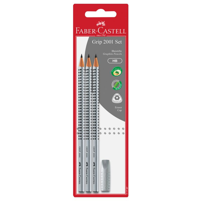 Faber-Castell Bleistifte mit Radierer Grip 2001 silber 3 Stück