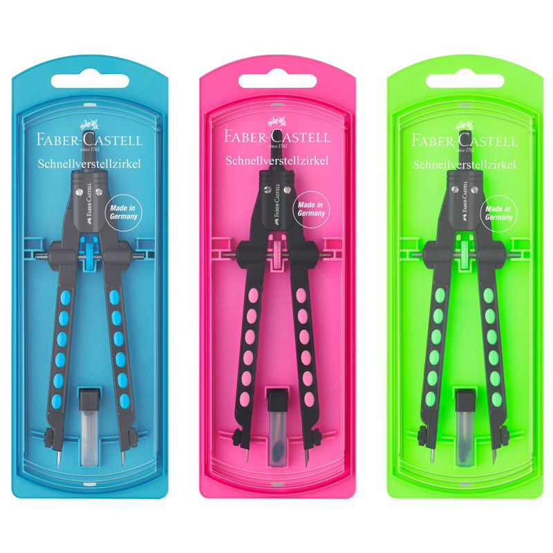 Faber-Castell Schenllverstellzirkel FACTORY NEON neonblau, neonpink und neongrün