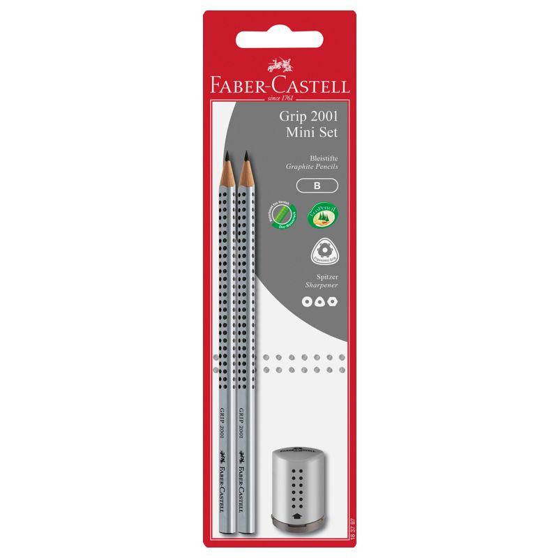 Faber-Castell Bleistiftset GRIP 2001 Härtegrad B + Einfachspitzdose silber