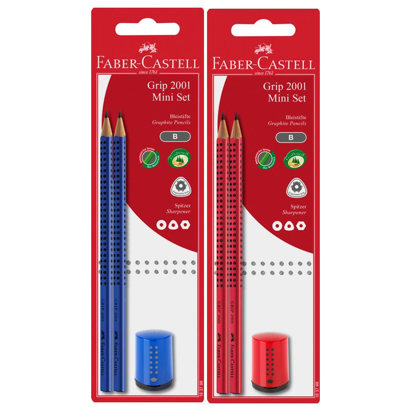 Faber-Castell Bleistiftset GRIP 2001 Härtegrad B + Einfachspitzdose rot-blau