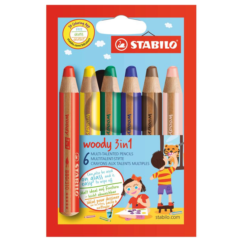 Buntstift, Wasserfarbe & Wachsmalkreide - STABILO woody 3 in 1 - 6er Pack - mit 6 verschiedenen Farben