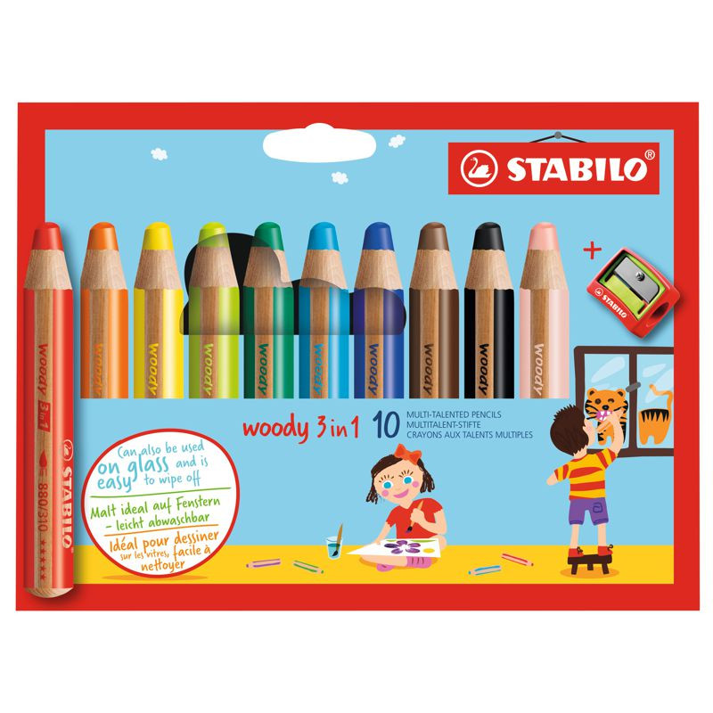 Buntstift, Wasserfarbe & Wachsmalkreide - STABILO woody 3 in 1 - 10er Pack mit Spitzer - mit 10 verschiedenen Farben