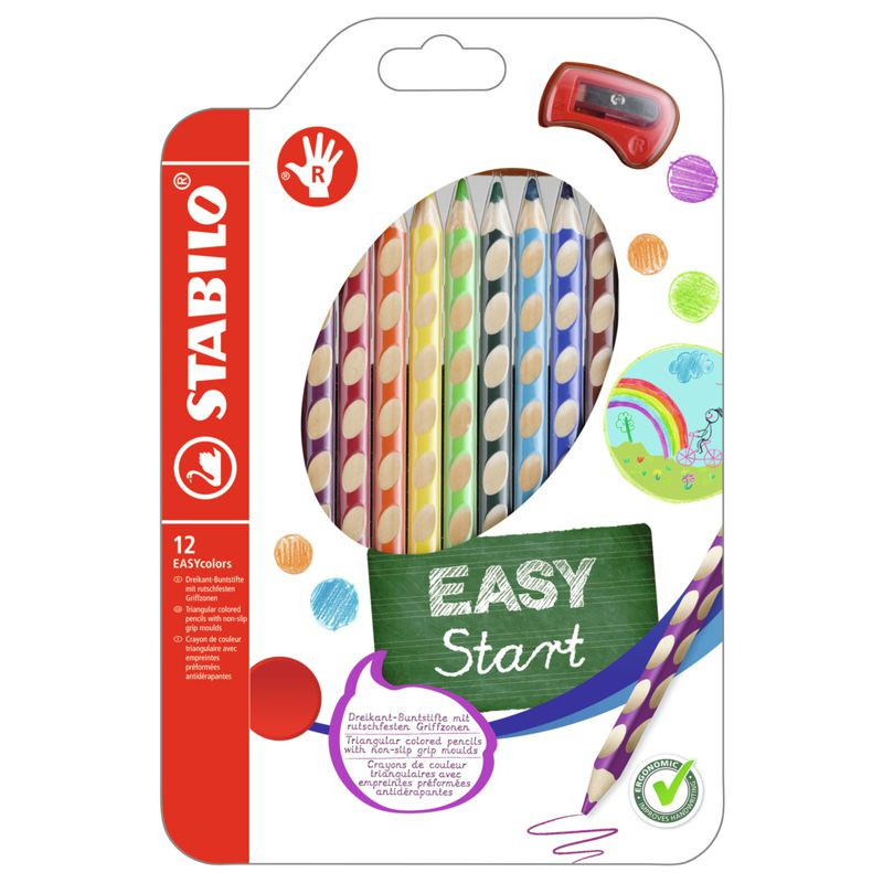 Ergonomischer Buntstift für Rechtshänder - STABILO EASYcolors - 12er Pack mit Spitzer - mit 12 verschiedenen Farben