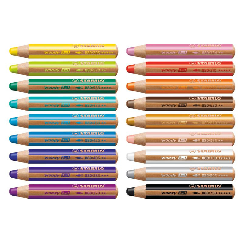 Preview: Buntstift, Wasserfarbe & Wachsmalkreide - STABILO woody 3 in 1 - 18er Pack mit Spitzer und Pinsel - mit 18 verschiedenen Farben