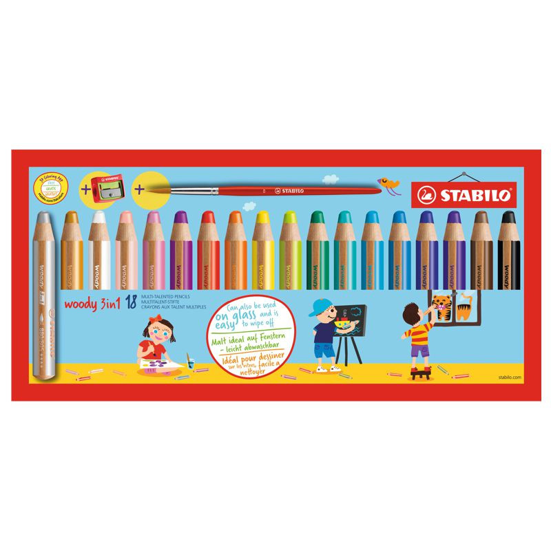 Buntstift, Wasserfarbe & Wachsmalkreide - STABILO woody 3 in 1 - 18er Pack mit Spitzer und Pinsel - mit 18 verschiedenen Farben