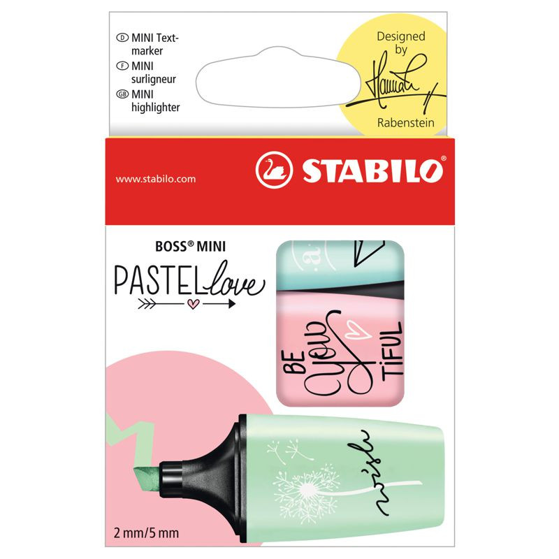 Textmarker - STABILO BOSS MINI Pastellove - 3er Pack - zartes Türkis, rosiges Rouge, Hauch von Minzgrün