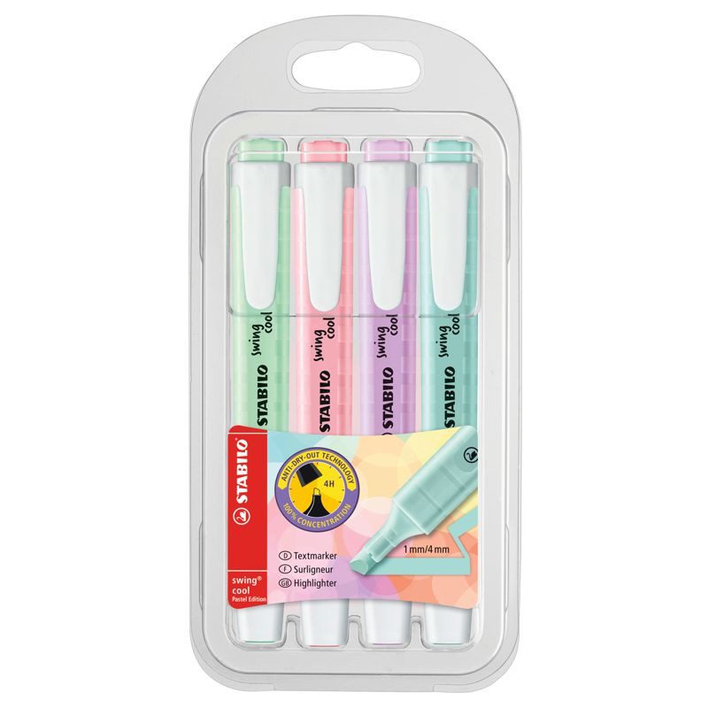 Textmarker - STABILO swing cool Pastel Edition - 4er Pack - Hauch von Minzgrün, rosiges Rouge, Schimmer von Lila, zartes Türkis