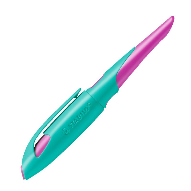 Preview: Ergonomischer Schulfüller für Rechtshänder mit Standard-Feder M - STABILO EASYbirdy in türkis/neonpink - Einzelstift - inklusive Patrone und Einstellwerkzeug - Schreibfarbe blau (löschbar)