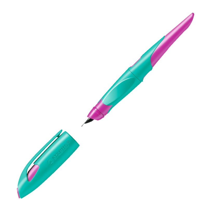 Preview: Ergonomischer Schulfüller für Rechtshänder mit Standard-Feder M - STABILO EASYbirdy in türkis/neonpink - Einzelstift - inklusive Patrone und Einstellwerkzeug - Schreibfarbe blau (löschbar)