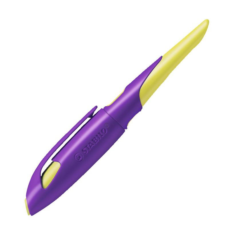 Preview: Ergonomischer Schulfüller für Rechtshänder mit Standard-Feder M - STABILO EASYbirdy in violett/gelb - Einzelstift - inklusive Patrone und Einstellwerkzeug - Schreibfarbe blau (löschbar)