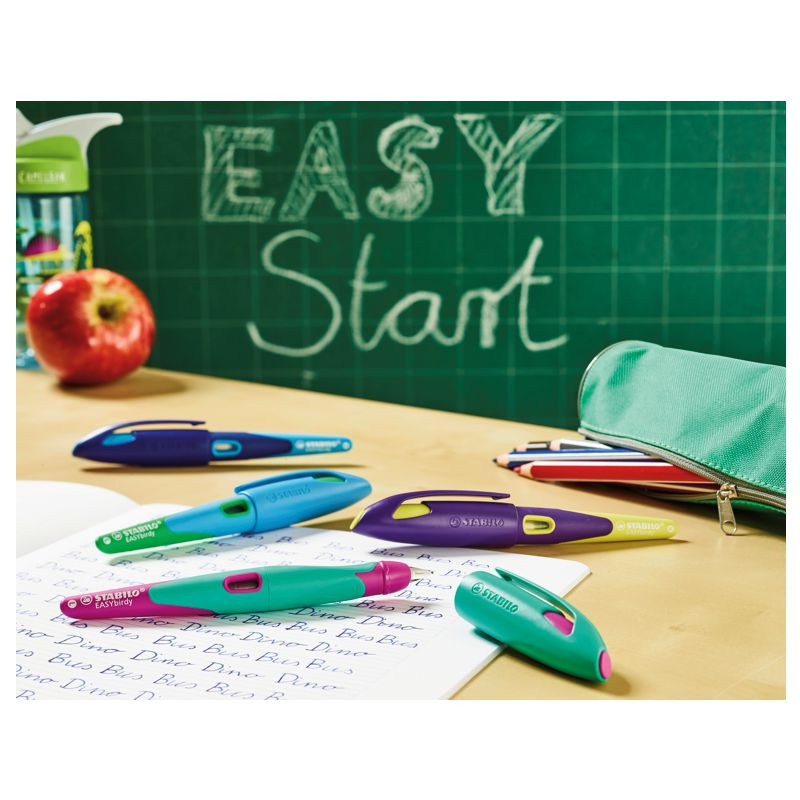 Ergonomischer Schulfüller für Rechtshänder mit Standard-Feder M - STABILO EASYbirdy in violett/gelb - Einzelstift - inklusive Patrone und Einstellwerkzeug - Schreibfarbe blau (löschbar)