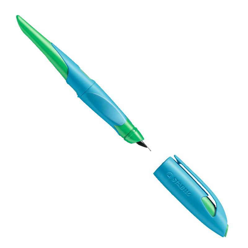 Preview: Ergonomischer Schulfüller für Linkshänder mit Standard-Feder M - STABILO EASYbirdy in himmelblau/grasgrün - Einzelstift - inklusive Patrone und Einstellwerkzeug - Schreibfarbe blau (löschbar)