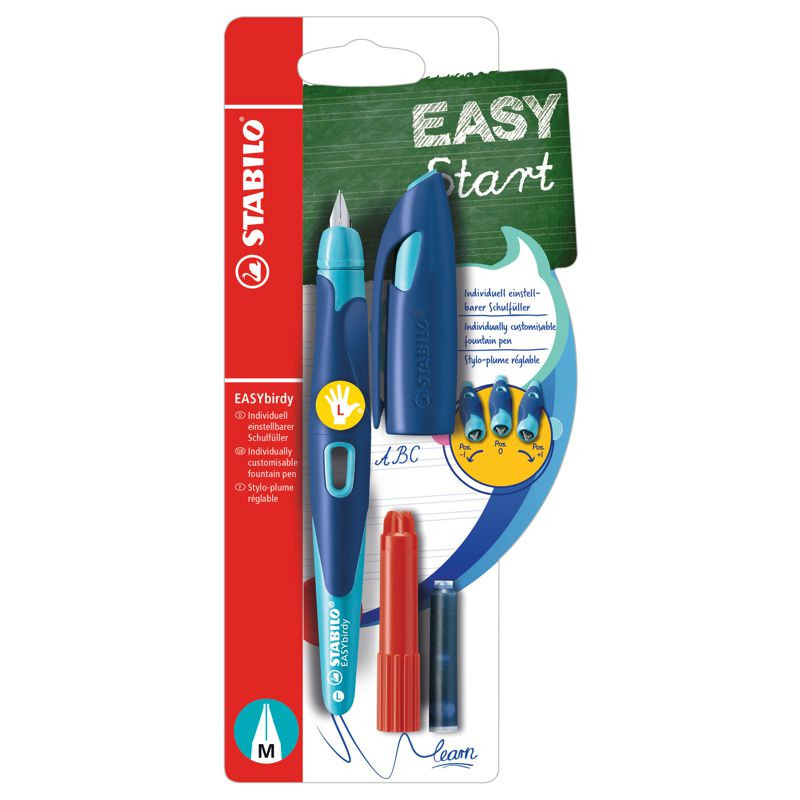 Ergonomischer Schulfüller für Linkshänder mit Standard-Feder M - STABILO EASYbirdy in mitternachtsblau/azur - Einzelstift - inklusive Patrone und Einstellwerkzeug - Schreibfarbe blau (löschbar)