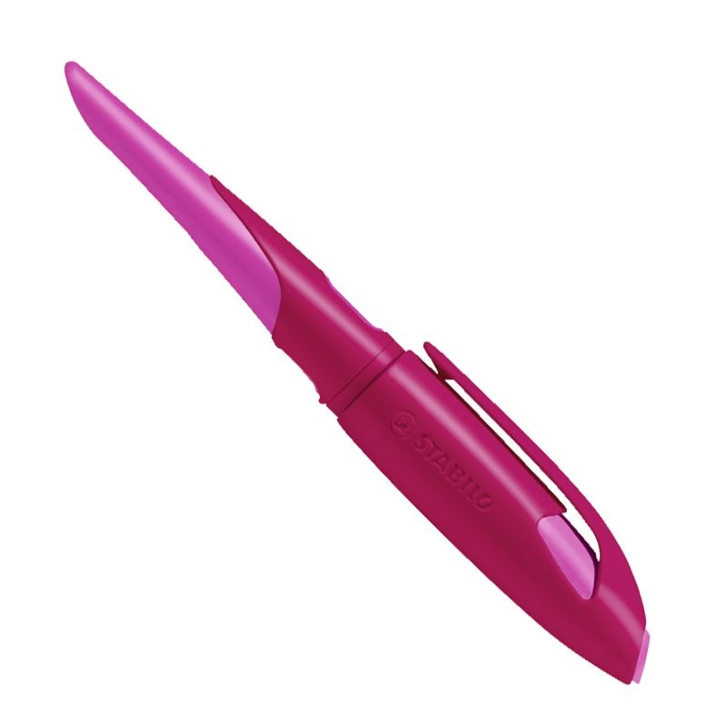 Preview: Ergonomischer Schulfüller für Linkshänder mit Standard-Feder M - STABILO EASYbirdy in beere/pink - Einzelstift - inklusive Patrone und Einstellwerkzeug - Schreibfarbe blau (löschbar)
