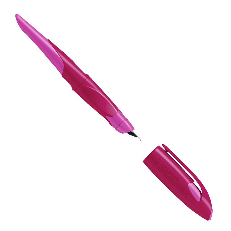 Preview: Ergonomischer Schulfüller für Linkshänder mit Standard-Feder M - STABILO EASYbirdy in beere/pink - Einzelstift - inklusive Patrone und Einstellwerkzeug - Schreibfarbe blau (löschbar)
