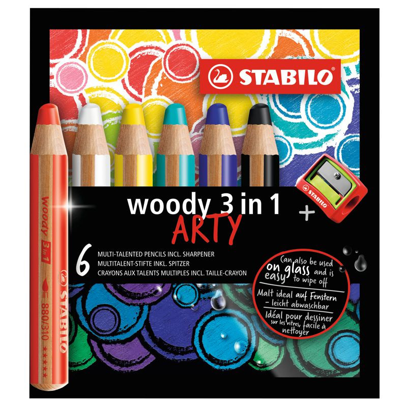 Buntstift, Wasserfarbe & Wachsmalkreide - STABILO woody 3 in 1 - ARTY - 6er Pack - mit 6 verschiedenen Farben und Spitzer