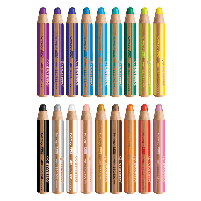 Preview: Buntstift, Wasserfarbe & Wachsmalkreide - STABILO woody 3 in 1 - ARTY - 18er Pack mit Spitzer und Pinsel - mit 18 verschiedenen Farben