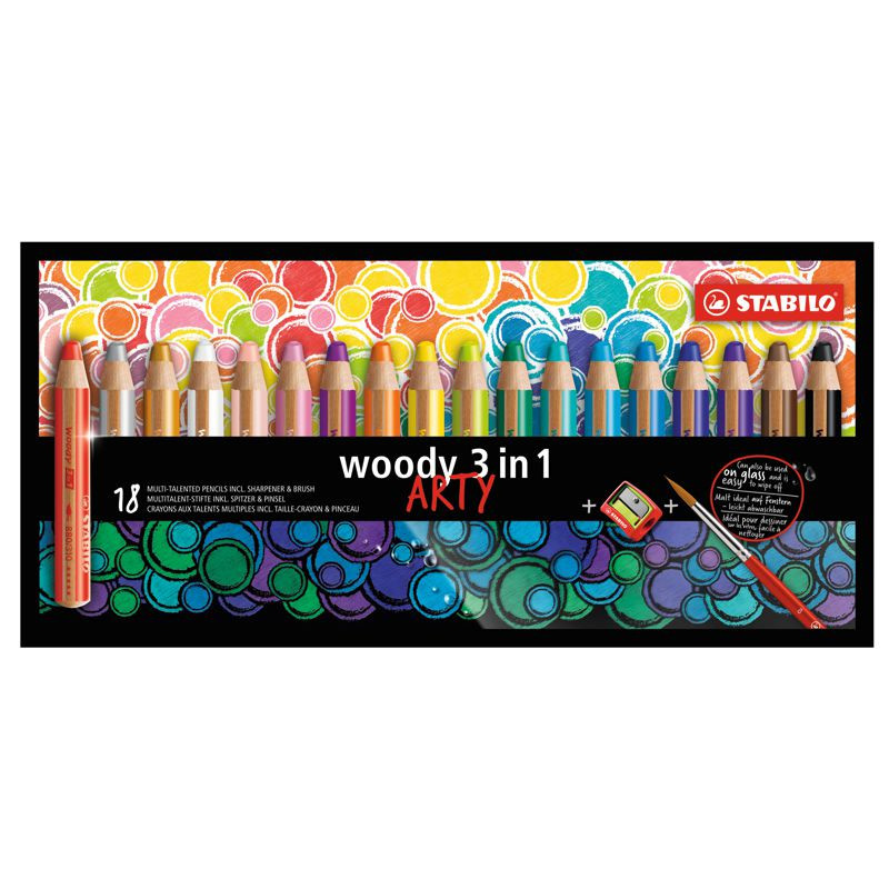 Buntstift, Wasserfarbe & Wachsmalkreide - STABILO woody 3 in 1 - ARTY - 18er Pack mit Spitzer und Pinsel - mit 18 verschiedenen Farben