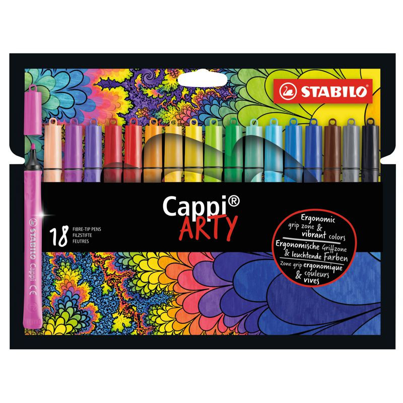 Filzstift mit Kappenring - STABILO Cappi - ARTY - 18er Pack - mit 18 verschiedenen Farben