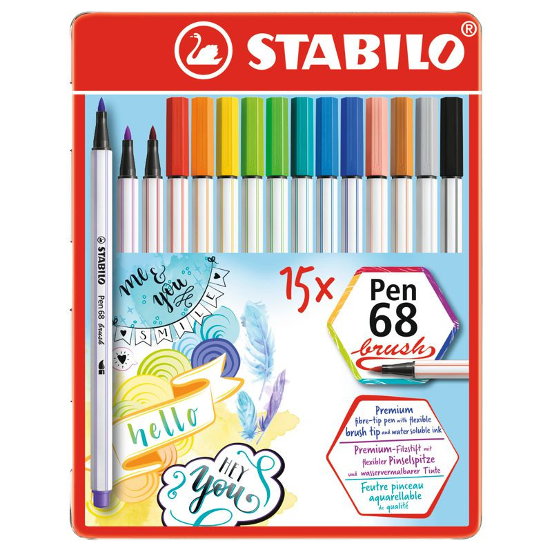 Premium-Filzstift mit Pinselspitze für variable Strichstärken - STABILO Pen 68 brush - 15er Metalletui - mit 15 verschiedenen Farben