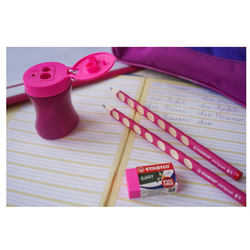 Schul-Set für Rechtshänder - STABILO EASYgraph S in pink - inklusive Spitzer + Radierer