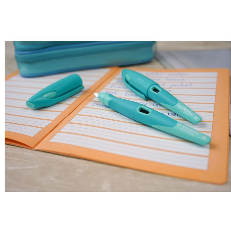 Preview: Ergonomischer Schulfüller für Rechtshänder mit Standard-Feder M - STABILO EASYbirdy Pastel Edition in aqua grün/mint - Einzelstift - inklusive Patrone - Schreibfarbe blau (löschbar)