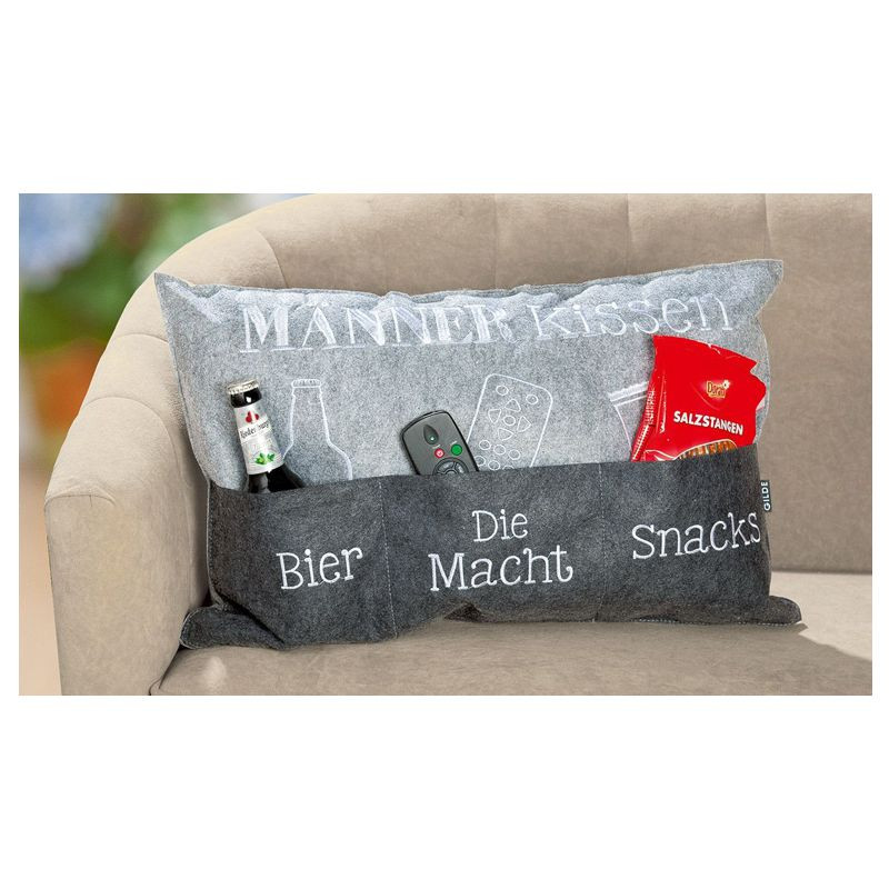 Gilde Filz Männerkissen hellgrau/dunkelgrau mit Taschen, bestickt 40x60cm
