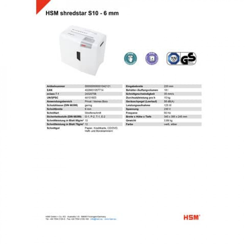 HSM Aktenvernichter Shredstar S10 weiß Streifen 6mm bis 10 Blatt