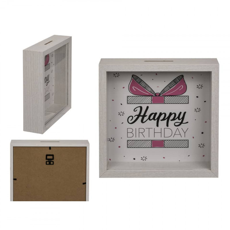 Preview: Spardose Holz „Happy Birthday“ 20 x 20 cm