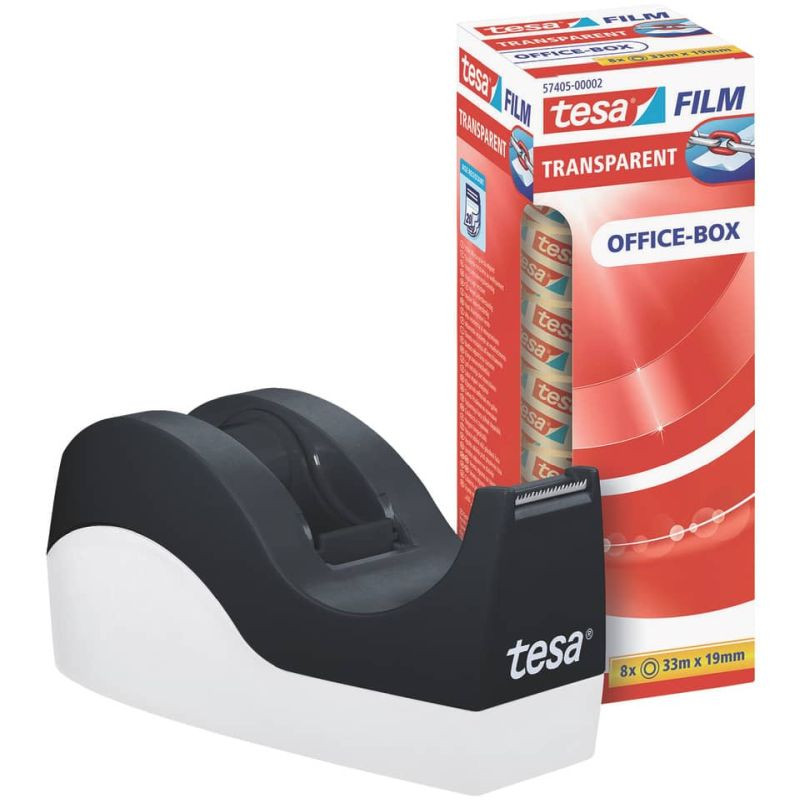 Preview: TESA Tischabroller + 8 Rollen transparent schwarz/weiß 19mm x 33m