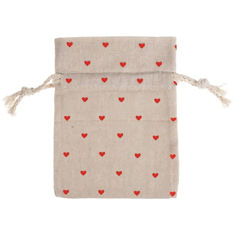 Weihnachten Geschenksäckchen Herzchen Baumwolle natur/rot 14x17,5cm