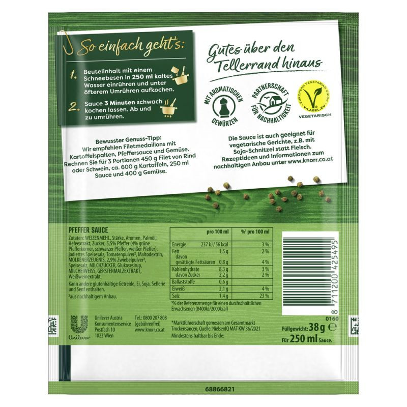 Knorr Feinschmecker Sauce Pfeffer 250 ml – Pikant und vollmundig im Geschmack!