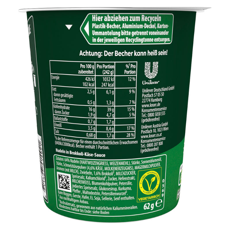 Knorr Pasta Snack Pot Brokkoli & Käse 1 Portion – Cremig und lecker