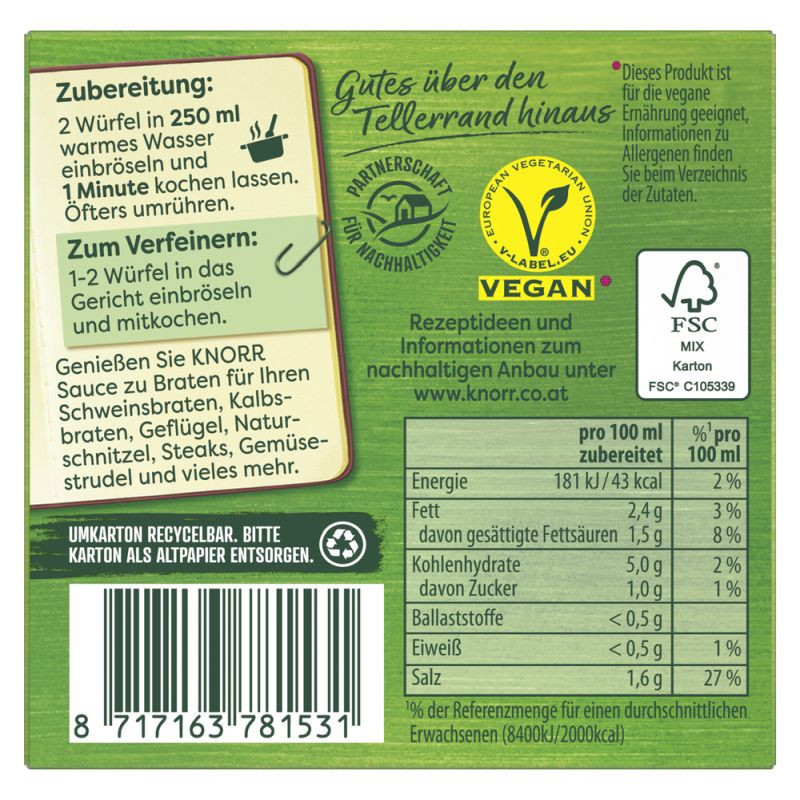 Knorr Sauce zu Braten, 6 Würfel für je 125 ml Sauce – Kräftig und aromatisch