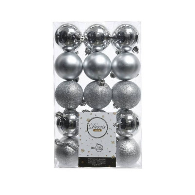 Baumbehang Kugel D 6cm silber, gemischt matt, glänzend und mit Glitzer bruchfest 30 Stück