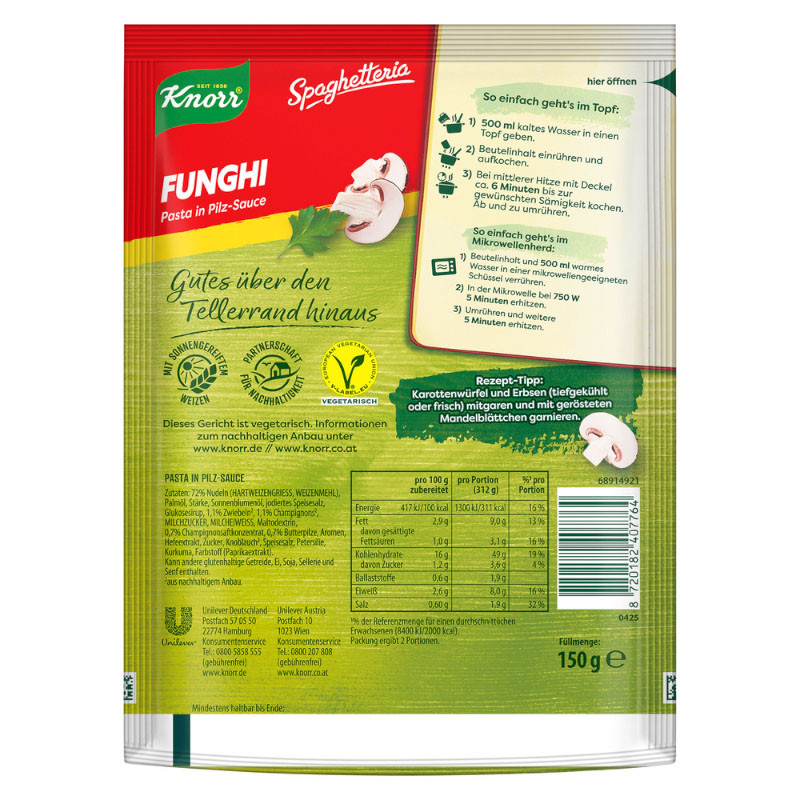 Knorr Spaghetteria Funghi Nudel-Fertiggericht 159g – Cremig und aromatisch