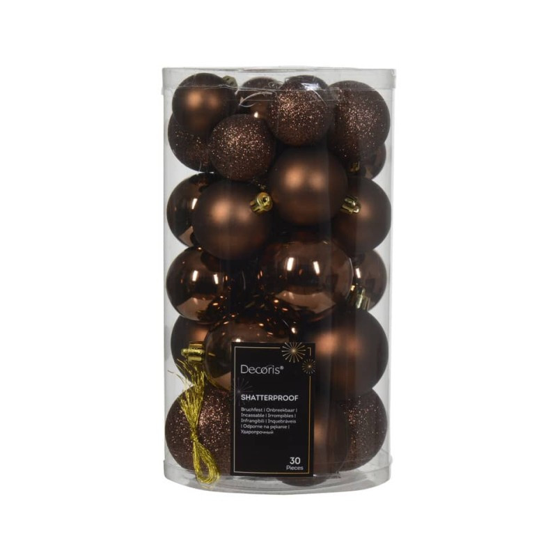 Weihnachten Baumbehang Kugel Motivmix dunkelbraun bruchfest in Plexibox 30 Stück