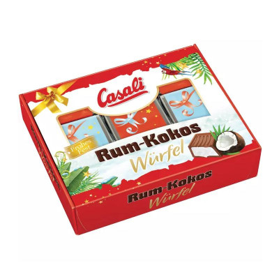 Casali Weihnachtswürfel Rum Kokos 115 g feine Schokoladenwürfel mit cremiger Rum-Kokos-Füllung