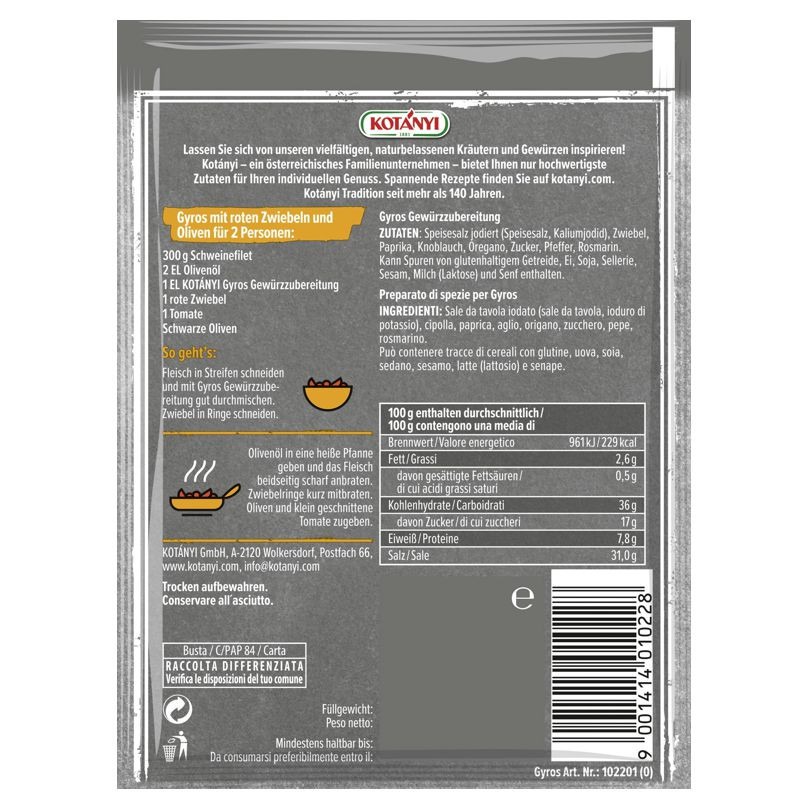 Preview: Kotanyi Griechische Küche Gyros Gewürzmischung Brief 41g