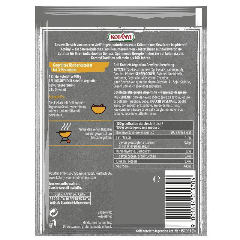 Preview: Kotanyi Grill Kotelett Argentina Gewürzmischung Brief 40g