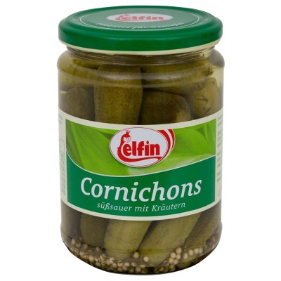 Elfin Cornichons süßsauer mit Kräuter 390 ml