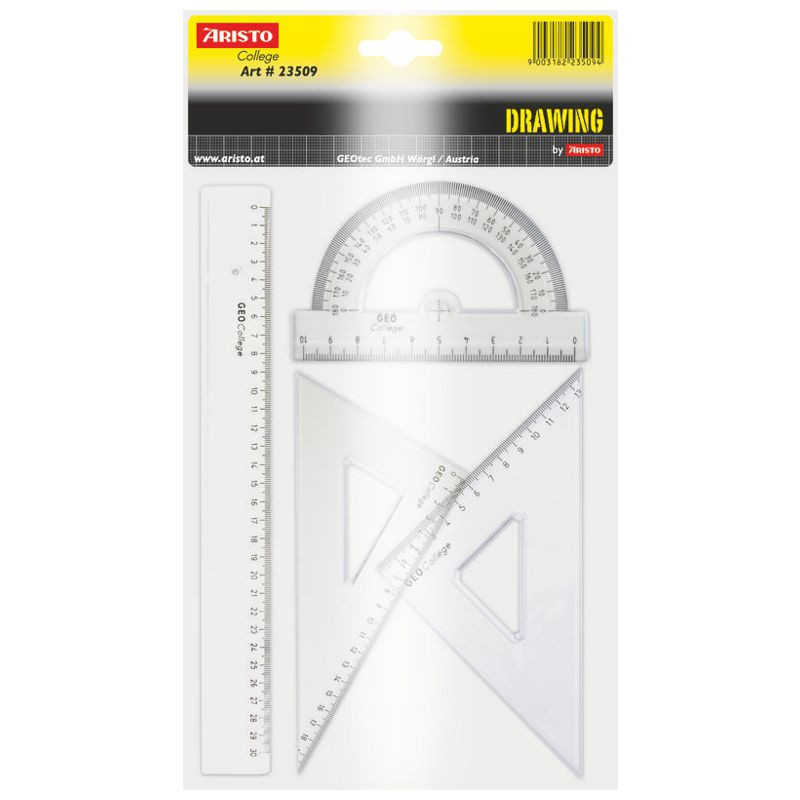 ARISTO College Geo 4er-Set, Lineal 30 cm, 2 Dreiecke, Halbkreiswinkel