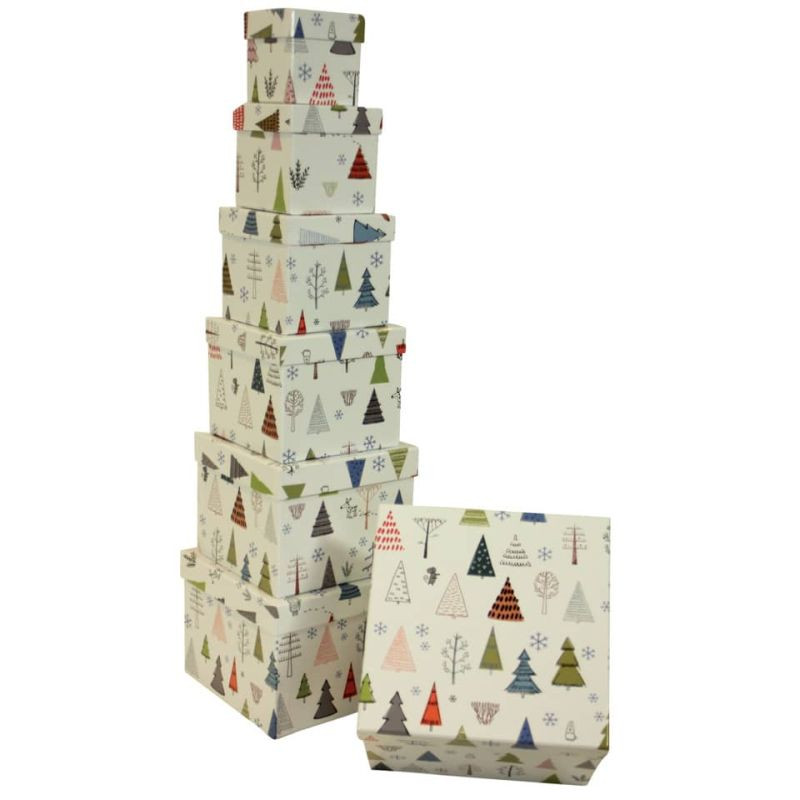 Weihnachten Geschenkkarton Bäume weiß 7tlg