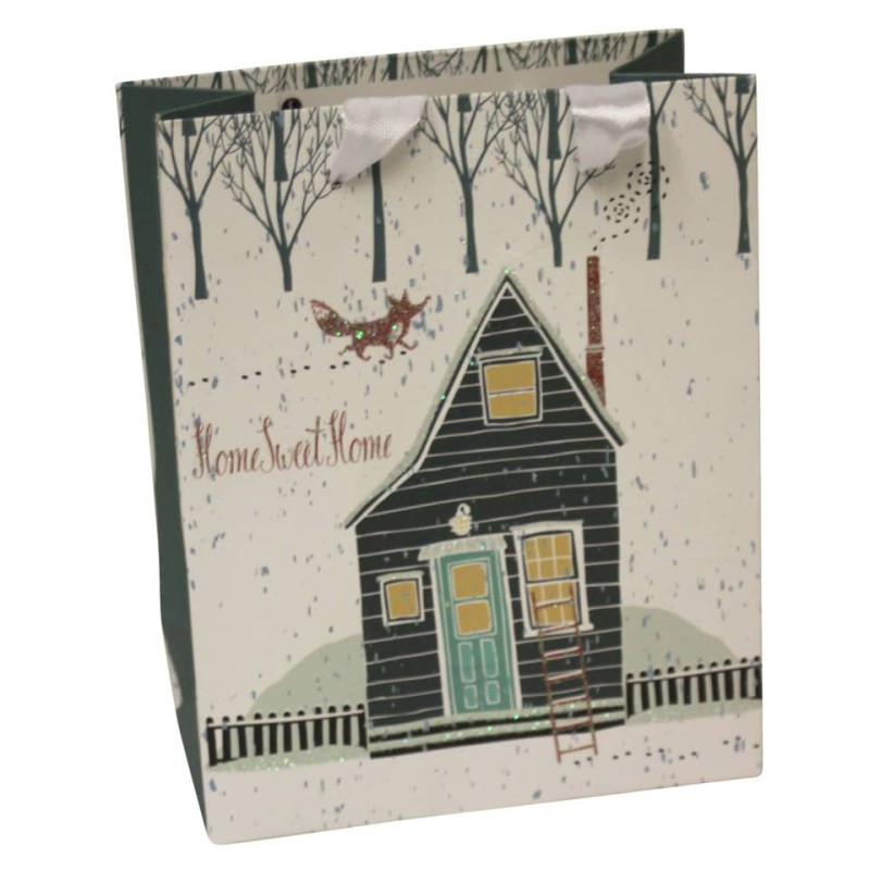 Weihnachten Geschenktasche Häuschen mit Glitter 14,5x11,5x6cm