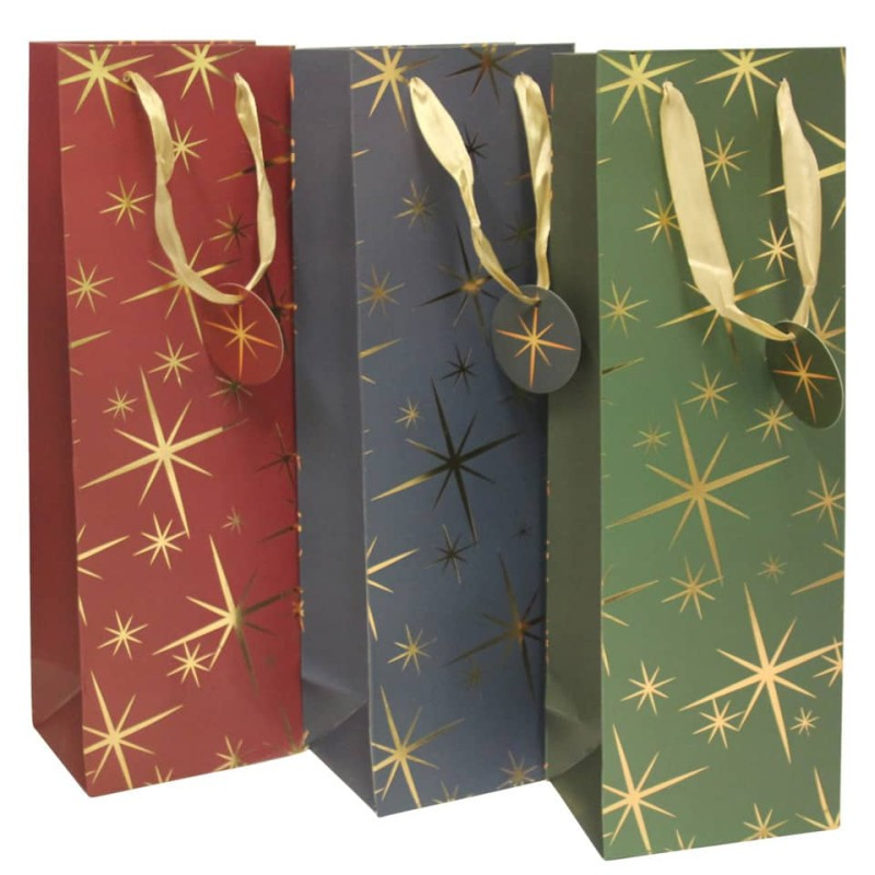 Weihnachten Flaschentragtasche Sterne mit Goldfolienprägung sortiert 36x12x9cm 1 Stück