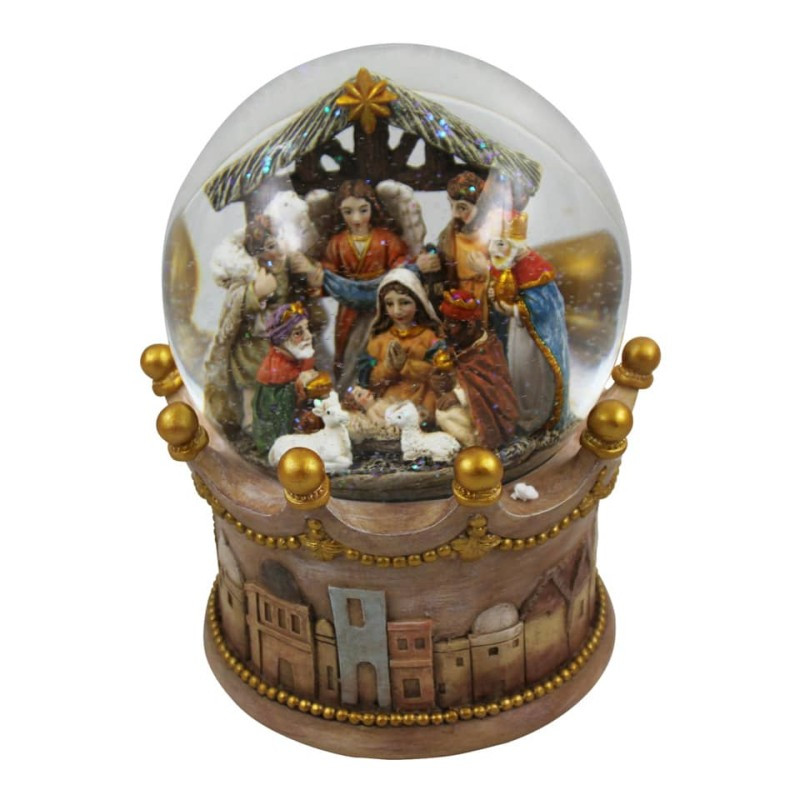 Weihnachten Schneekugel Spieluhr Krippe LED und Musik 18,5x18,5x22cm