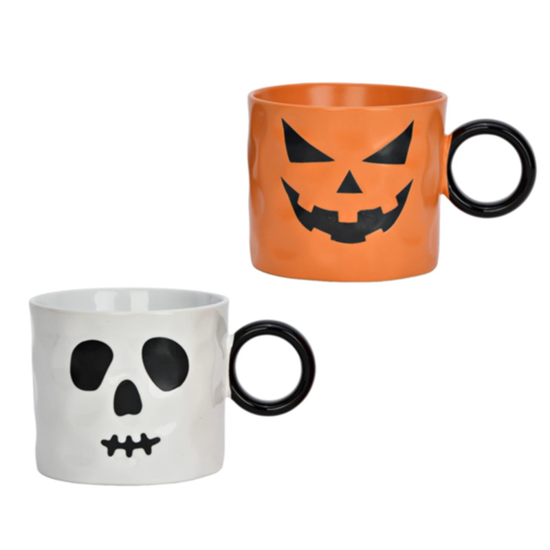 Becher mit Gesicht Geist/Kürbis B14 H9 T10 cm Grün Weiß Schwarz aus Steingut